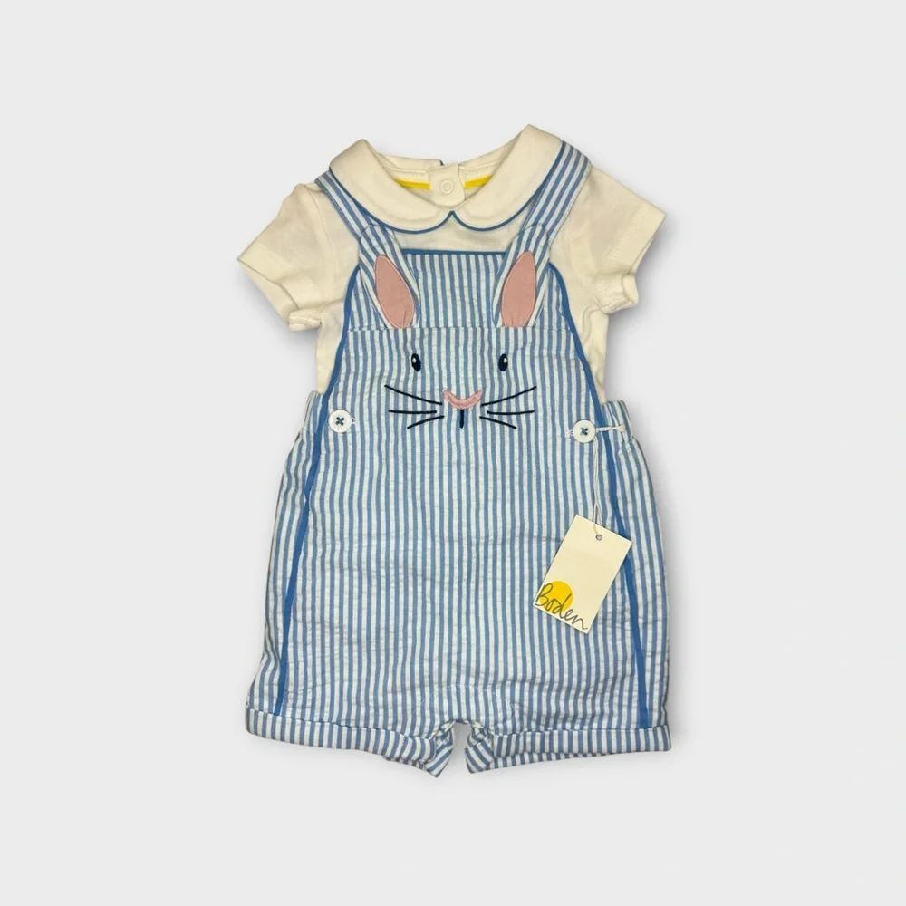 Mini Boden Blue Stripe Bunny Romper & Peter Pan Collar Bodysuit Matching Set